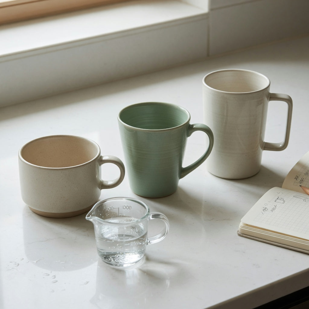 Ceramic tea mug size decision guide showing 390 ml, 400 ml and 480 ml ceramic mug forms side by side