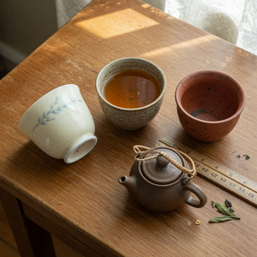 ceramic vintage tea cups small in porcelain, stoneware, and unglazed clay on a wooden tea tray