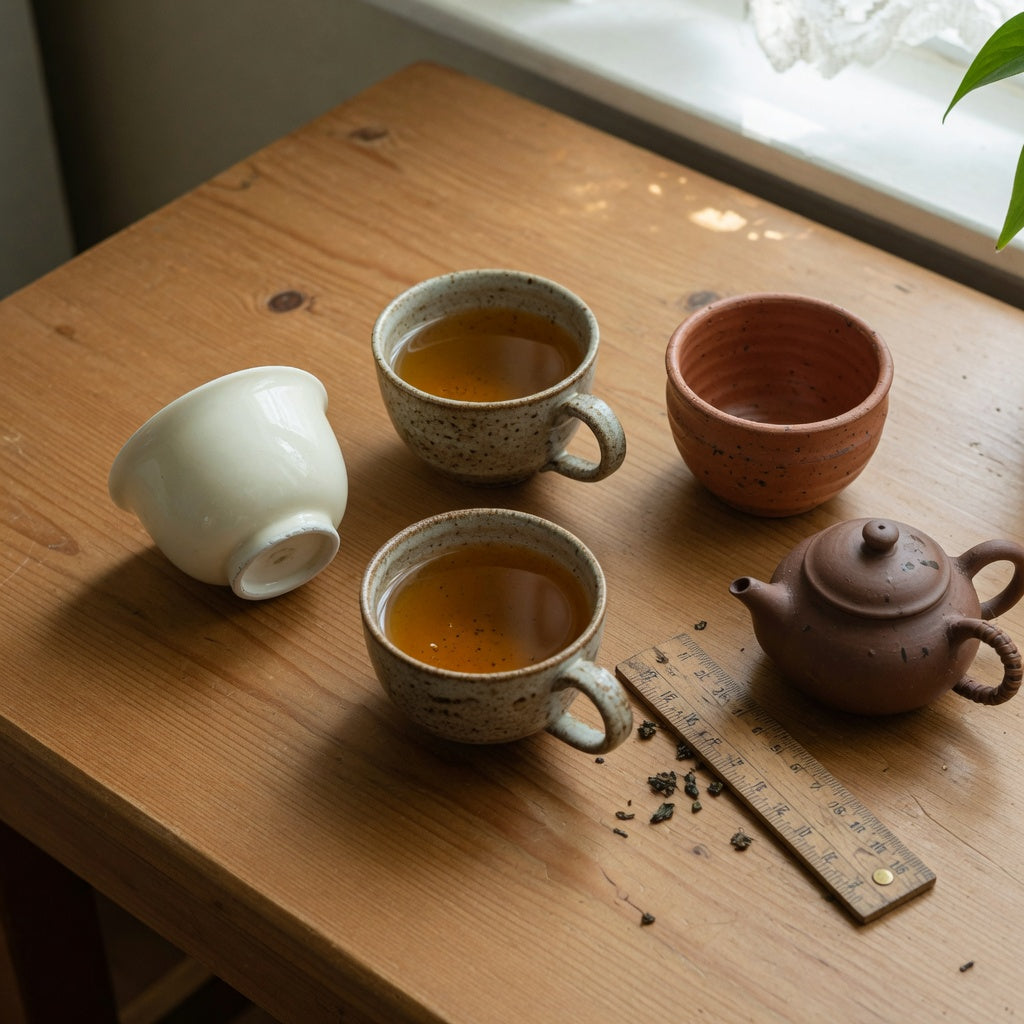 ceramic vintage tea cups small in porcelain, stoneware, and unglazed clay on a wooden tea tray