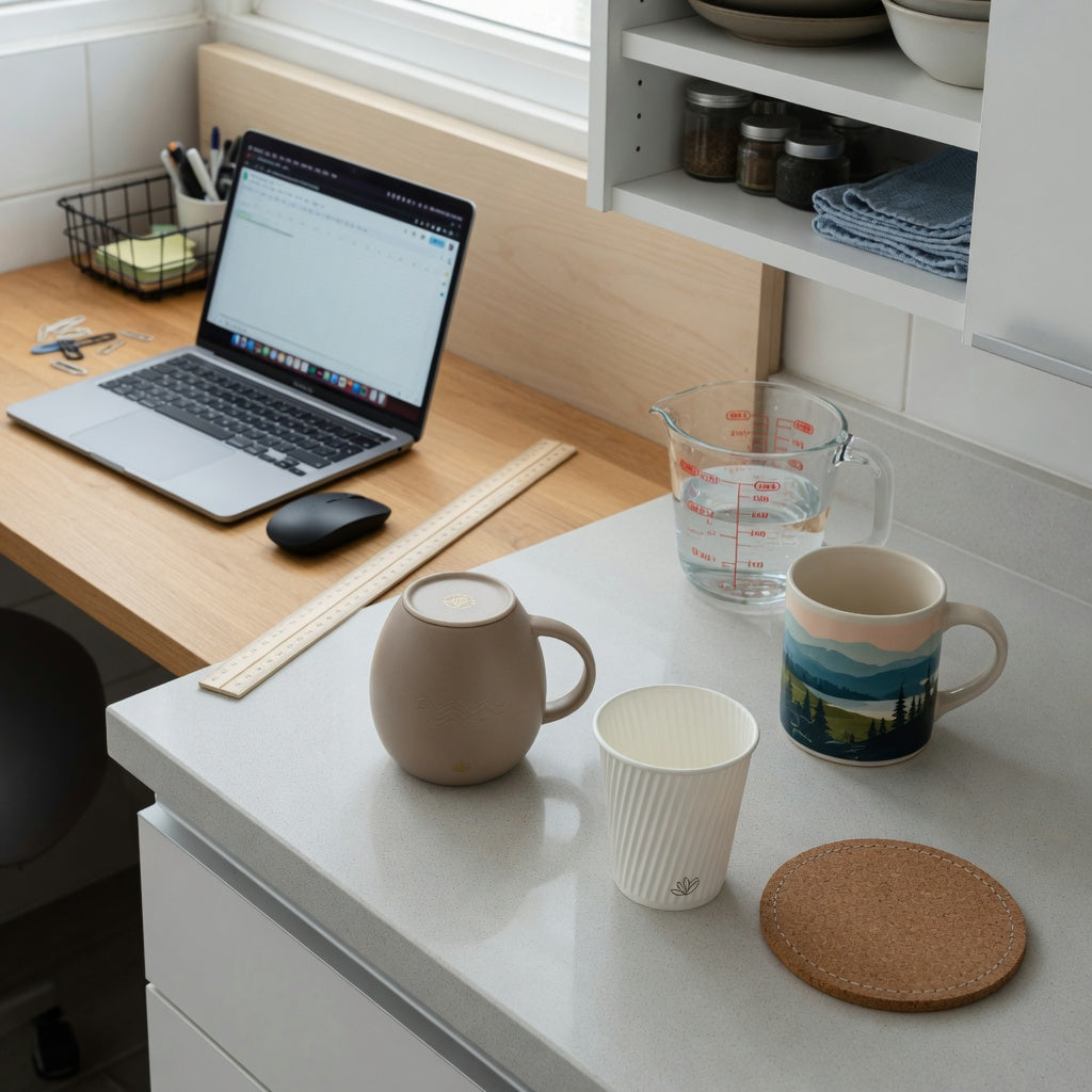 ceramic vs porcelain coffee mugs buying priorities compared using round, pleated, and landscape mug styles on a measured counter and desk