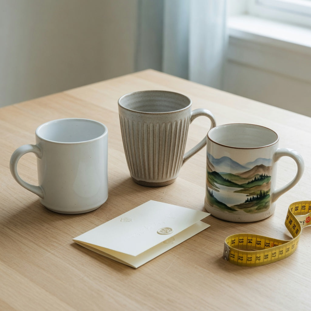 Three mugs compared for a ceramic vs porcelain coffee mugs gift choice product shortlist guide on a kitchen table
