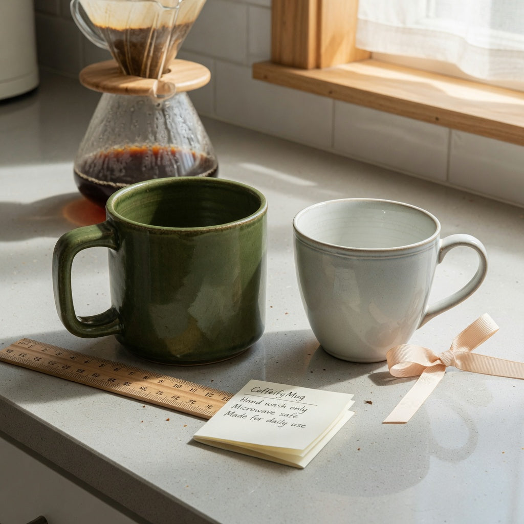 Two mugs, a ruler, and care notes illustrating the ceramic vs porcelain coffee mugs gift choice practical purchase checklist