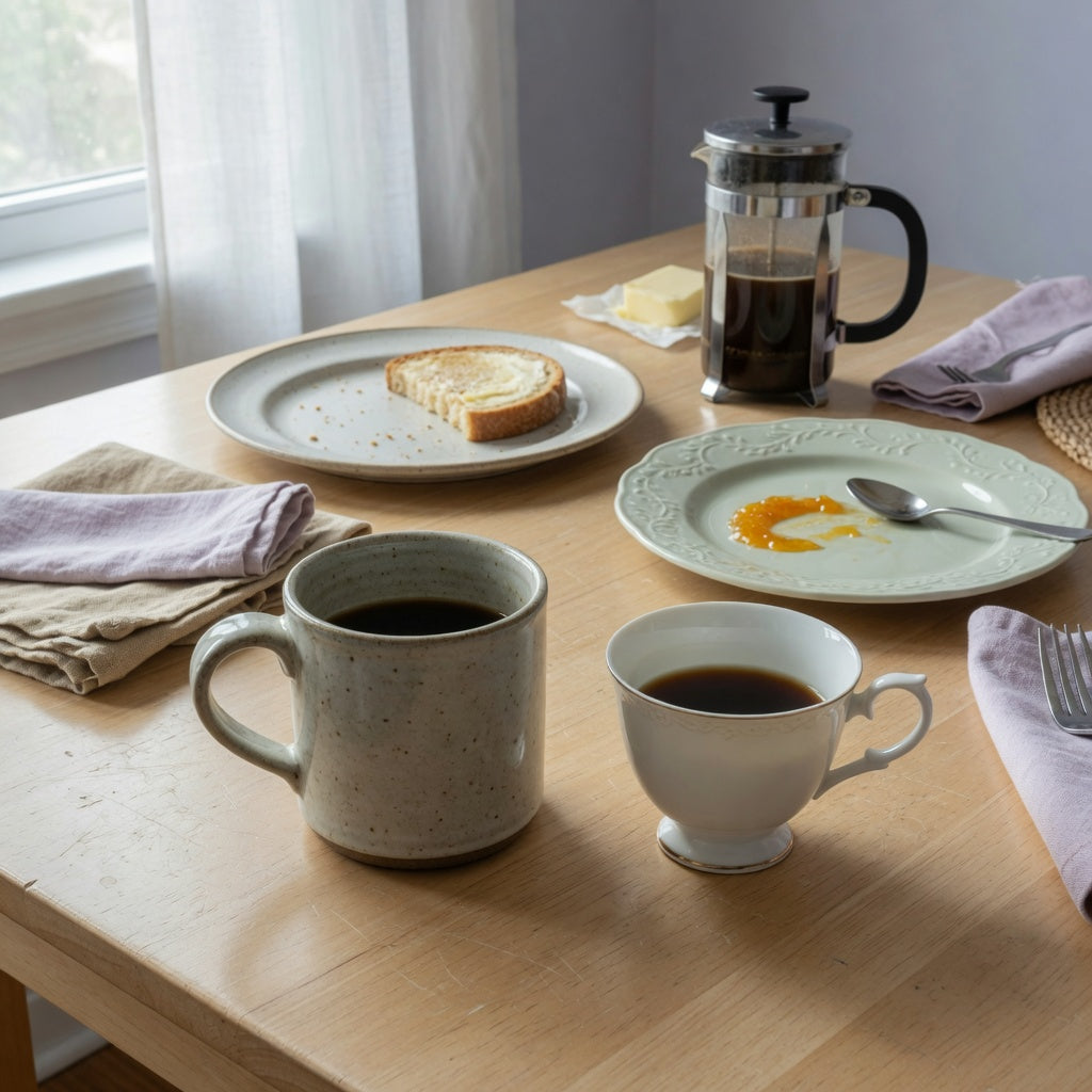 ceramic vs porcelain coffee mugs weekend coffee practical purchase checklist with two mugs, a French press, and breakfast plates