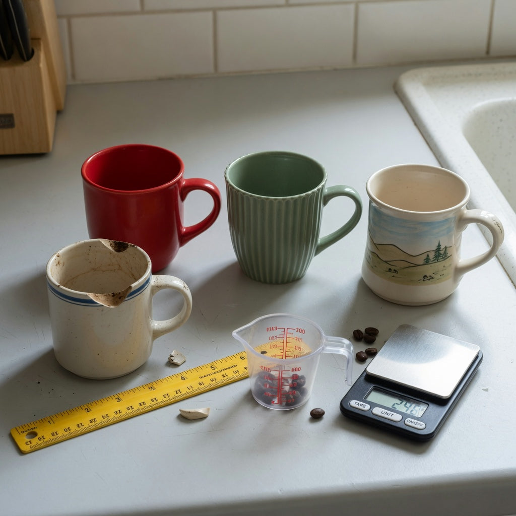 Kitchen setup for a ceramic vs porcelain coffee mugs replacement purchase practical purchase checklist with a chipped mug, ruler, scale, and replacement options
