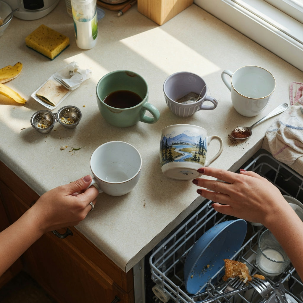 A busy shared kitchen illustrating the ceramic vs porcelain coffee mugs shared household product shortlist guide with round, pleated, landscape, and plain mug styles