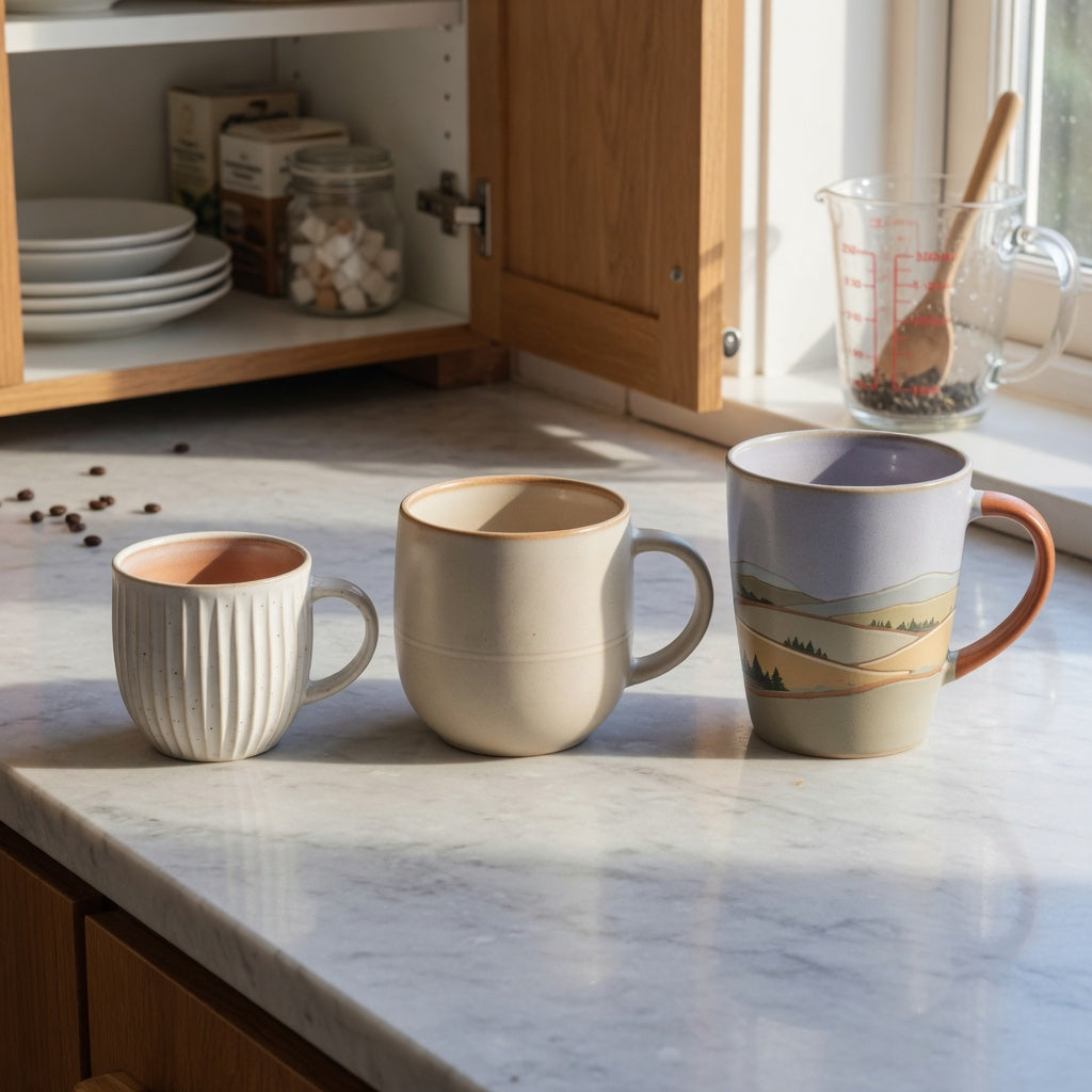 Ceramic vs porcelain coffee mugs size decision guide showing Pleated, Round, and Landscape options from smaller to larger
