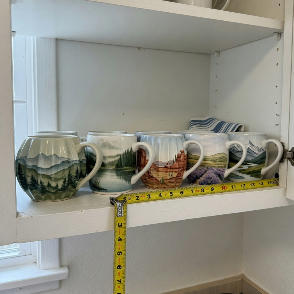 ceramic vs porcelain coffee mugs storage fit guide showing round, pleated, and landscape mugs arranged on cabinet shelves
