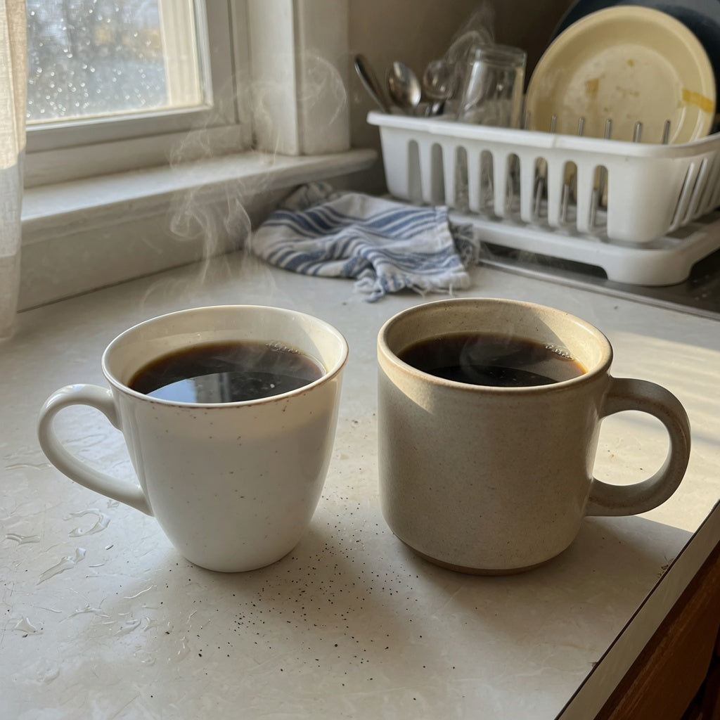 Side-by-side coffee cups showing the ceramic vs porcelain mug difference in wall thickness and finish