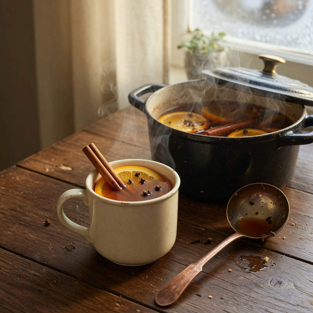 Ceramic wassail mug filled with hot mulled cider, orange slice, and cinnamon stick on a holiday table