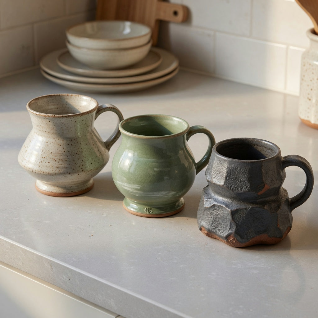 Ceramic wide bottom coffee mugs current product facts shown with Round, Spittoon, and The Rock profiles side by side
