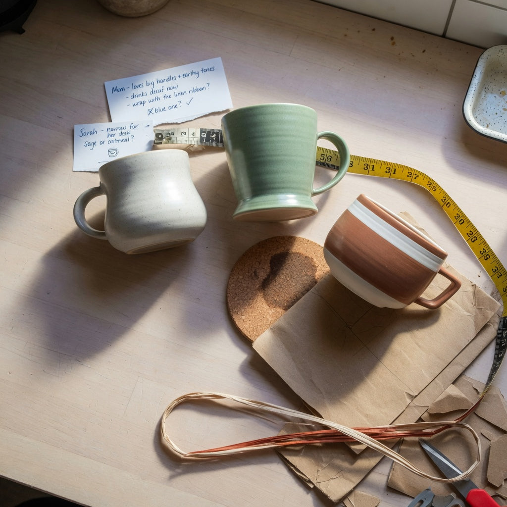 Gift-planning scene for the ceramic wide bottom coffee mugs gift choice practical purchase checklist with three mug profiles and measuring notes