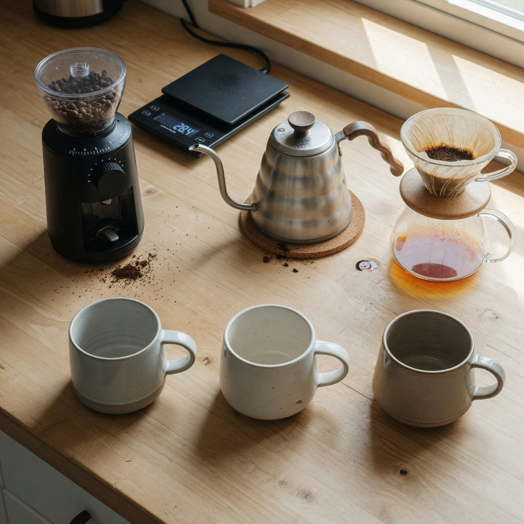 Counter setup illustrating the ceramic wide bottom coffee mugs home coffee station practical purchase checklist with a kettle, scale, dripper, and three mug profiles