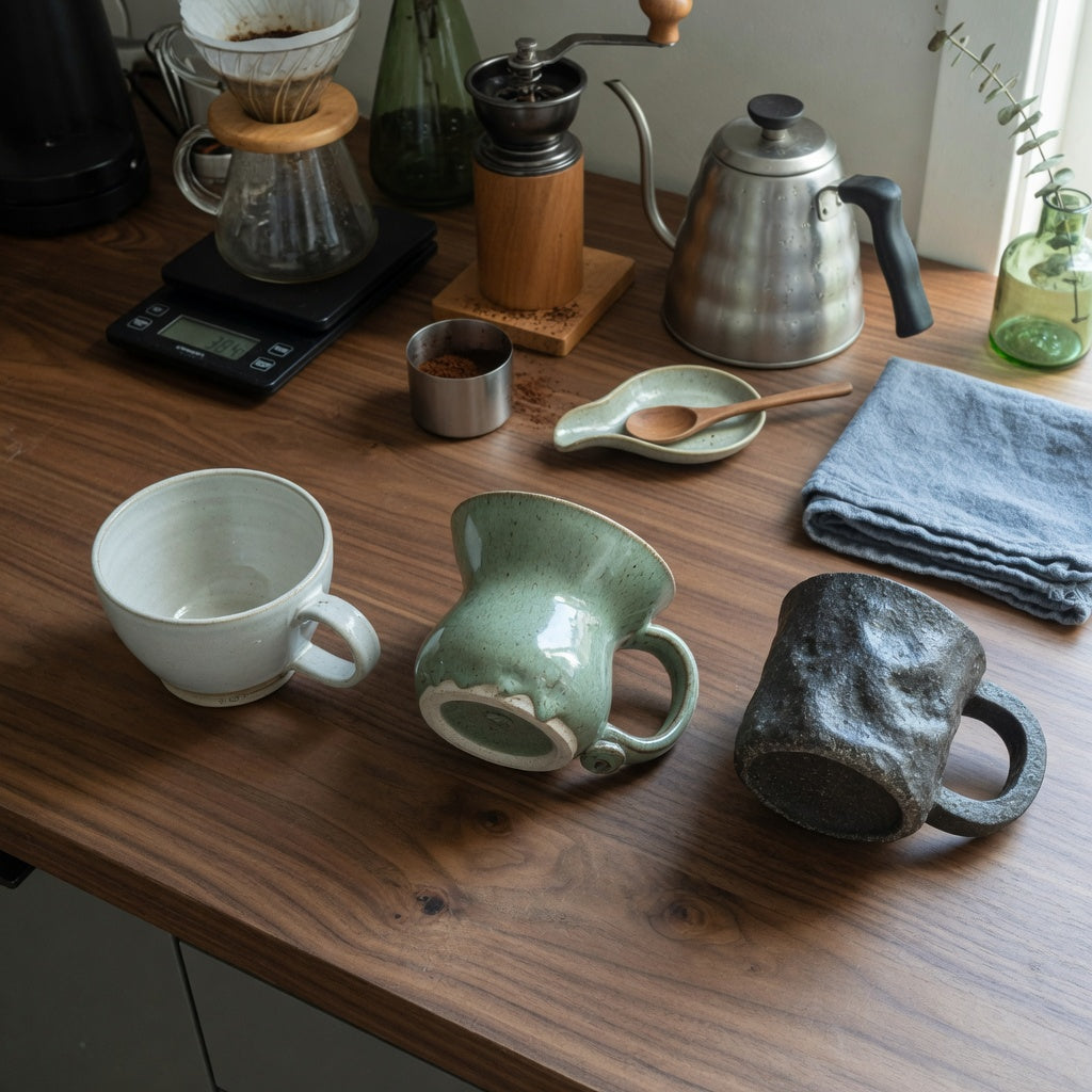 Three ceramic mugs on a working counter for the ceramic wide bottom coffee mugs home coffee station product shortlist guide