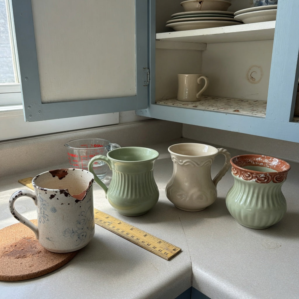 Shopper using the ceramic wide bottom coffee mugs replacement purchase practical purchase checklist beside an old chipped mug and three replacement options