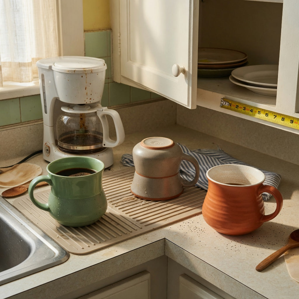 Ceramic wide bottom coffee mugs everyday mug rotation practical purchase checklist shown beside a drying mat and measured cabinet shelf