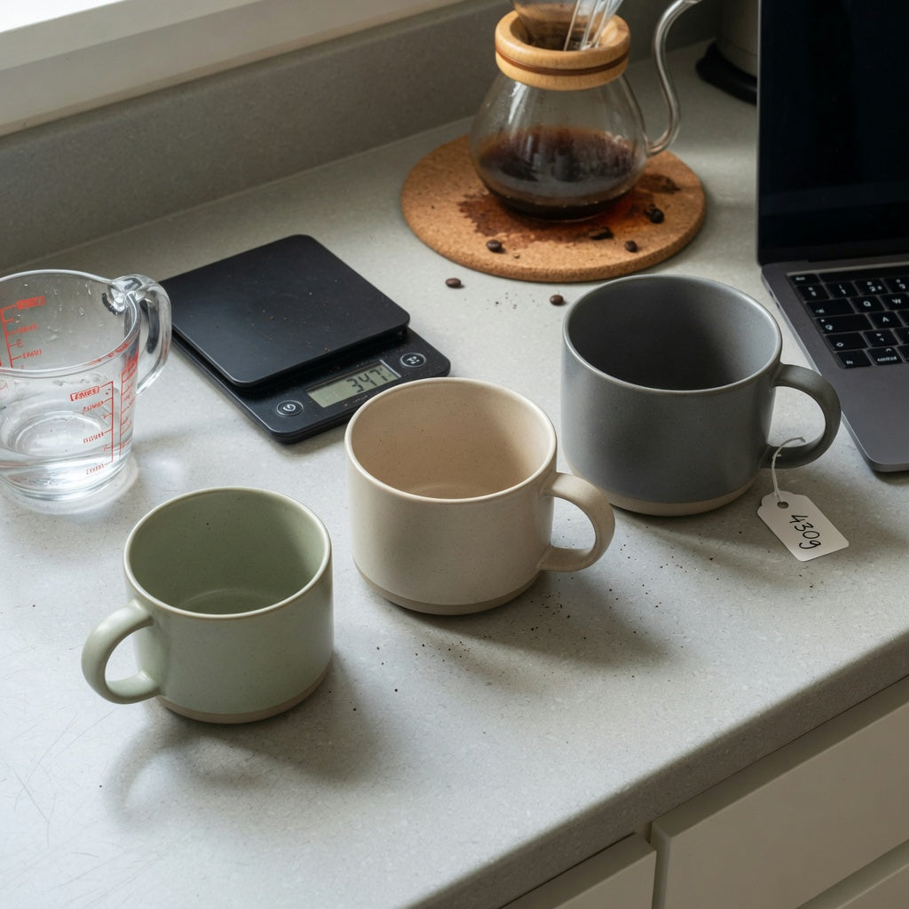 Ceramic wide bottom coffee mugs size decision guide showing smaller, middle, and larger options on a kitchen counter