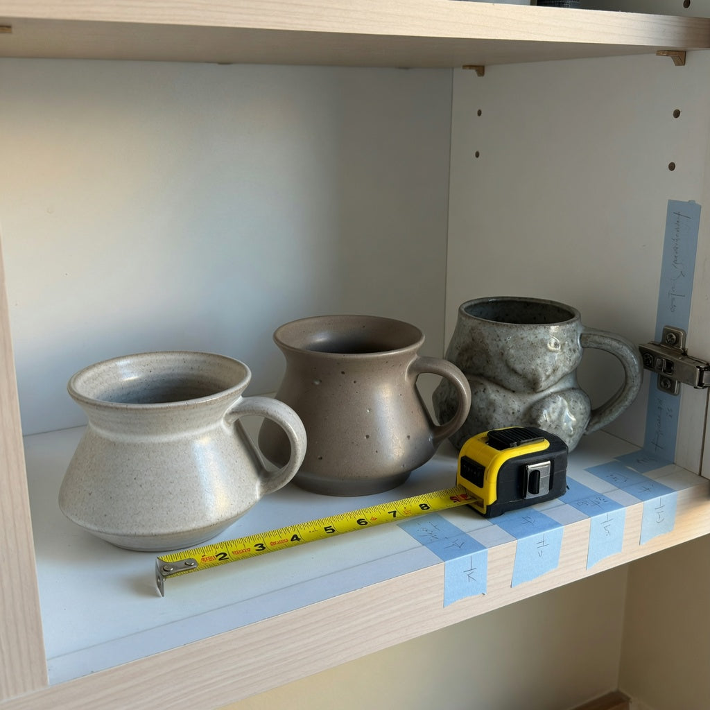 Ceramic wide bottom coffee mugs storage fit guide showing Round, Spittoon, and The Rock shapes on a measured cabinet shelf