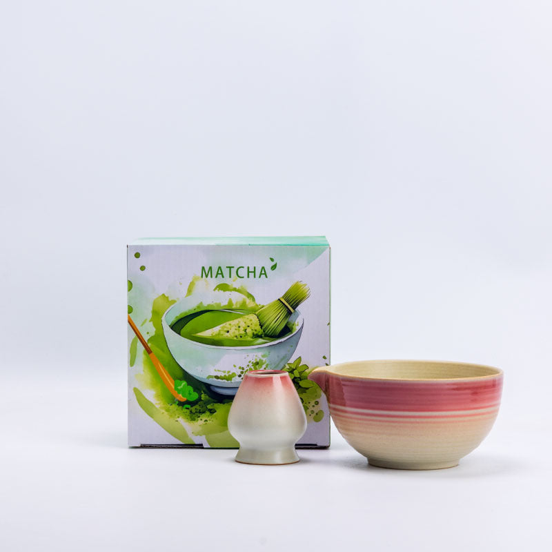 Gradient glaze matcha bowl set with fine horizontal rings, a soft tonal gradient, a small pouring lip and its matching ceramic whisk holder.