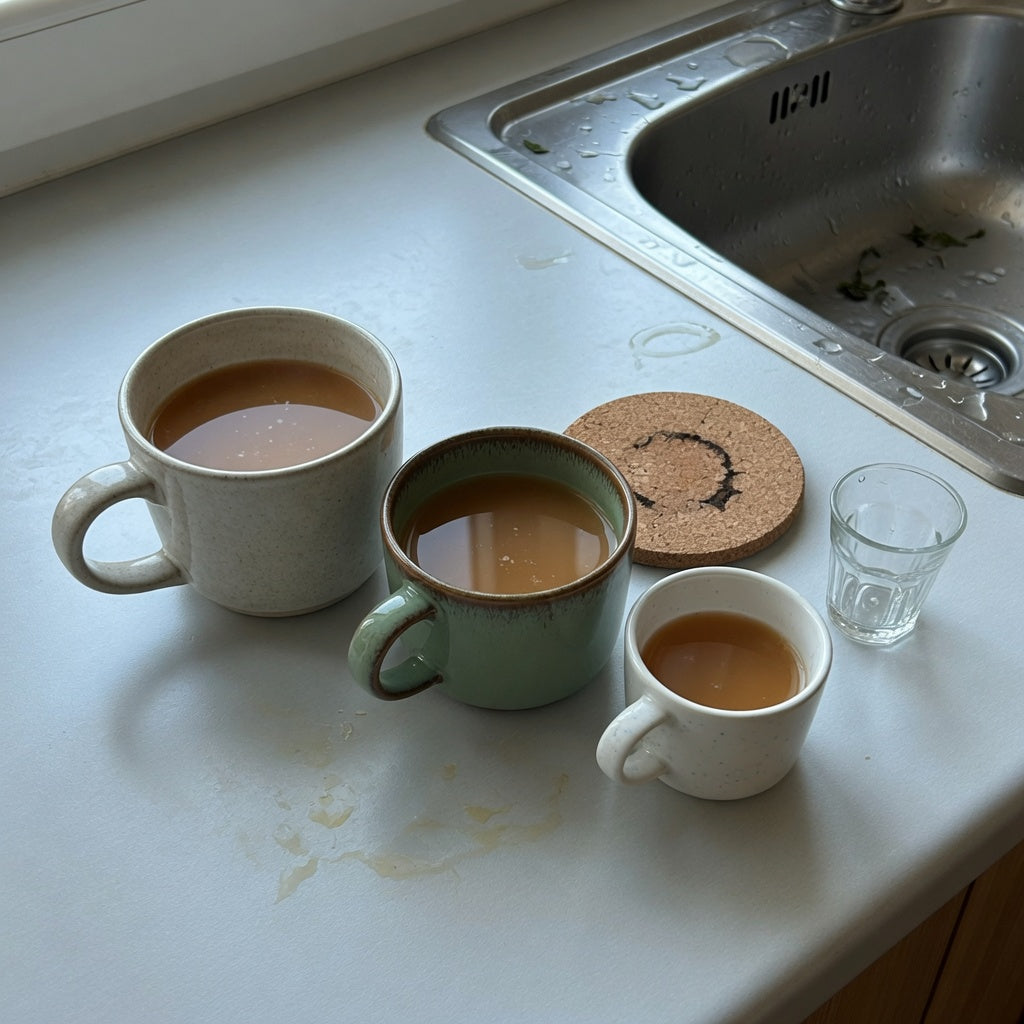 Chai mug gift compared as three handled mugs of different sizes beside a small tea glass