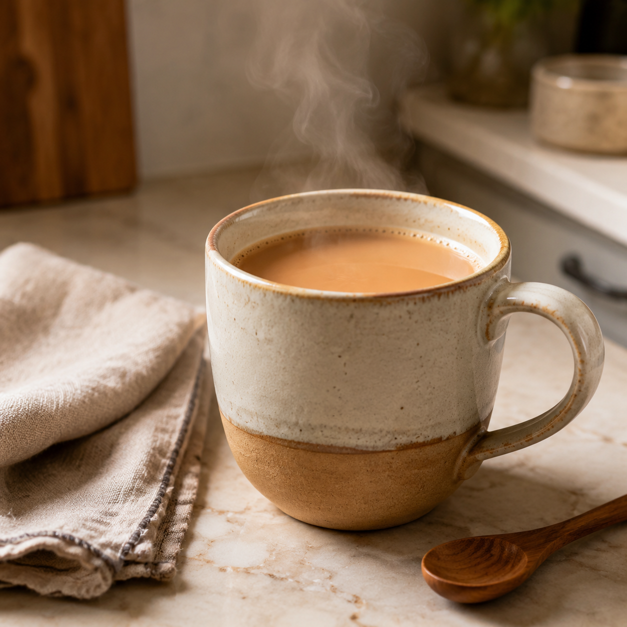A ceramic chai tea mug filled with prepared chai on a kitchen counter