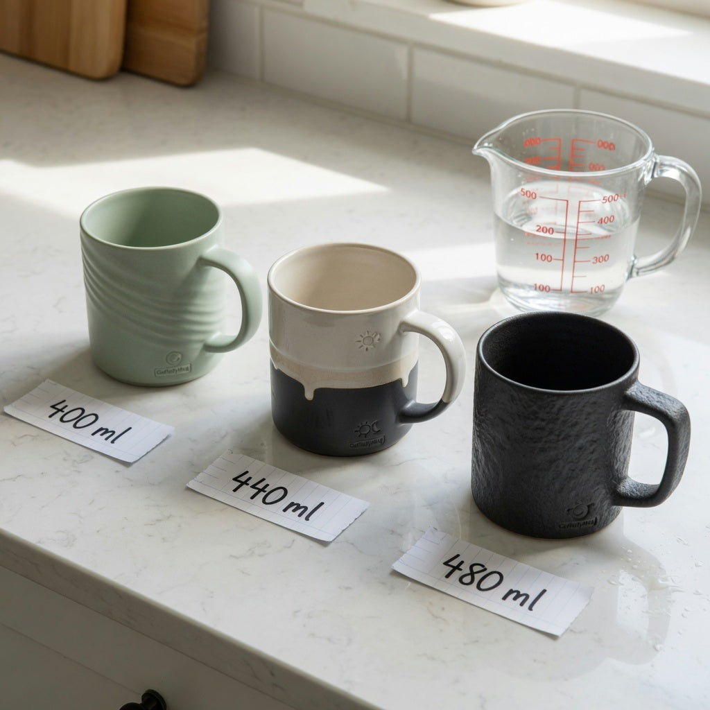 chai tea mug current product facts comparison of The Flow 400 ml, Morning and Night 440 ml, and The Rock 480 ml