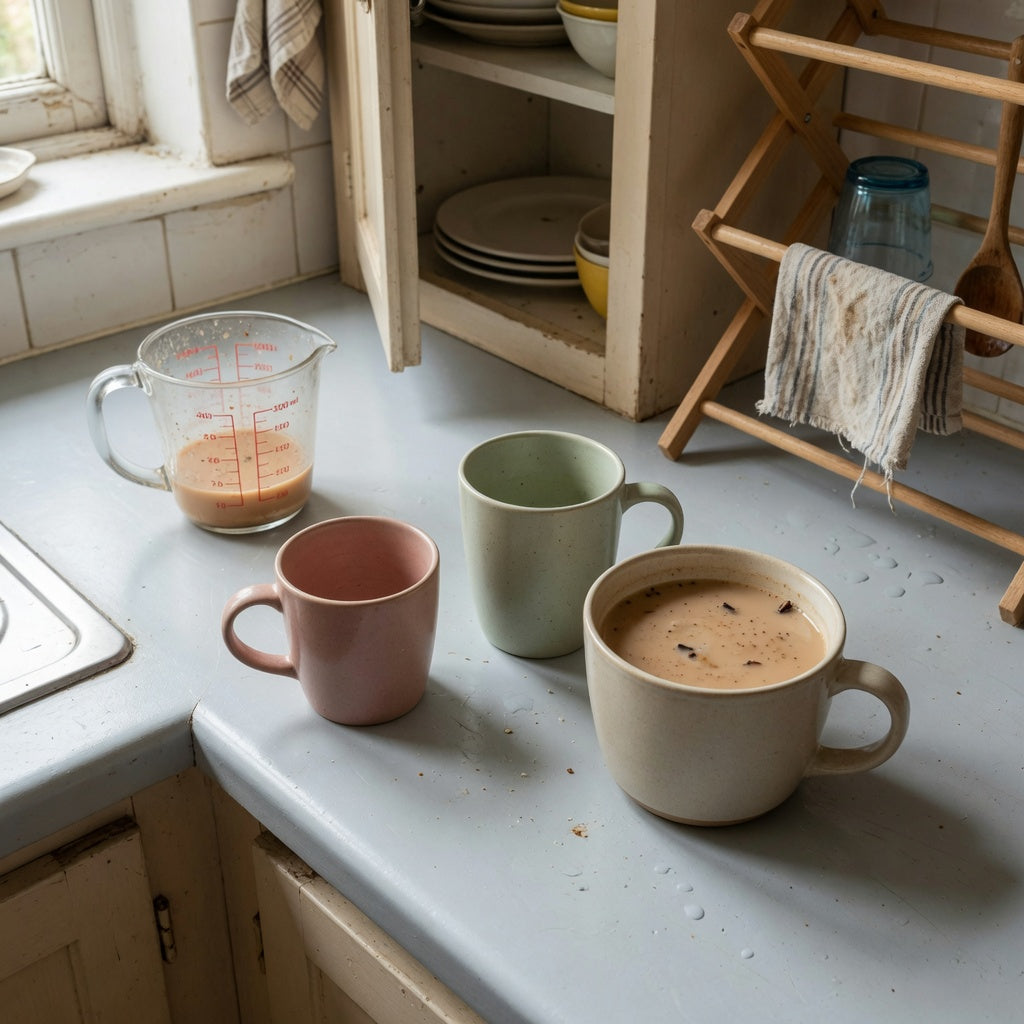 Three mugs arranged for a chai tea mug everyday mug rotation practical purchase checklist beside a cupboard and drying rack