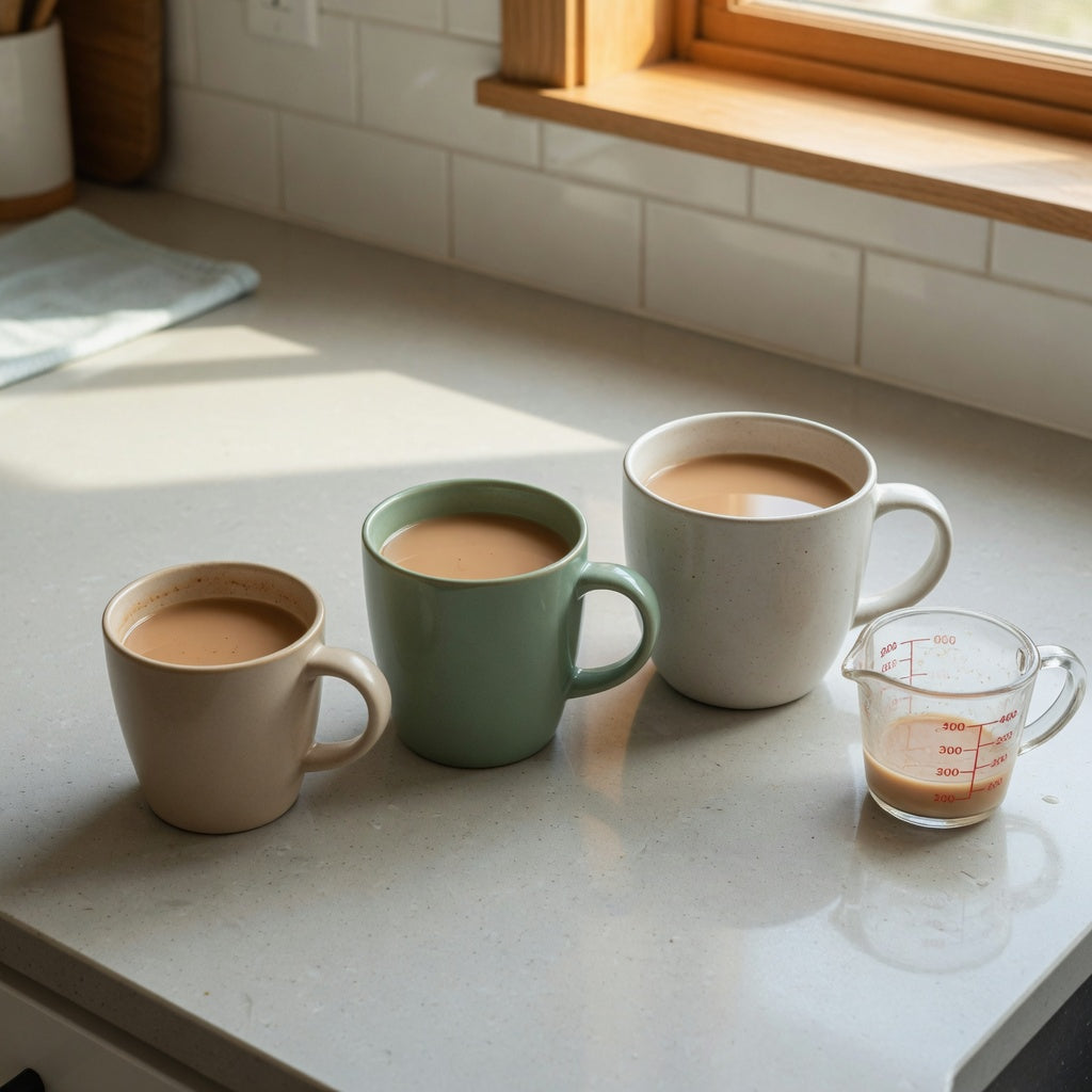 chai tea mug first time buyer product shortlist guide comparing 400 ml, 440 ml, and 480 ml mugs on a kitchen counter