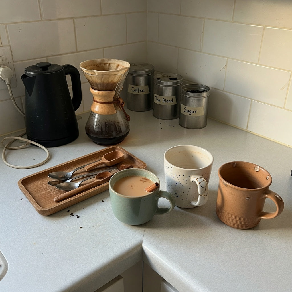 chai tea mug home coffee station product shortlist guide showing 400 ml, 440 ml, and 480 ml options beside a kettle