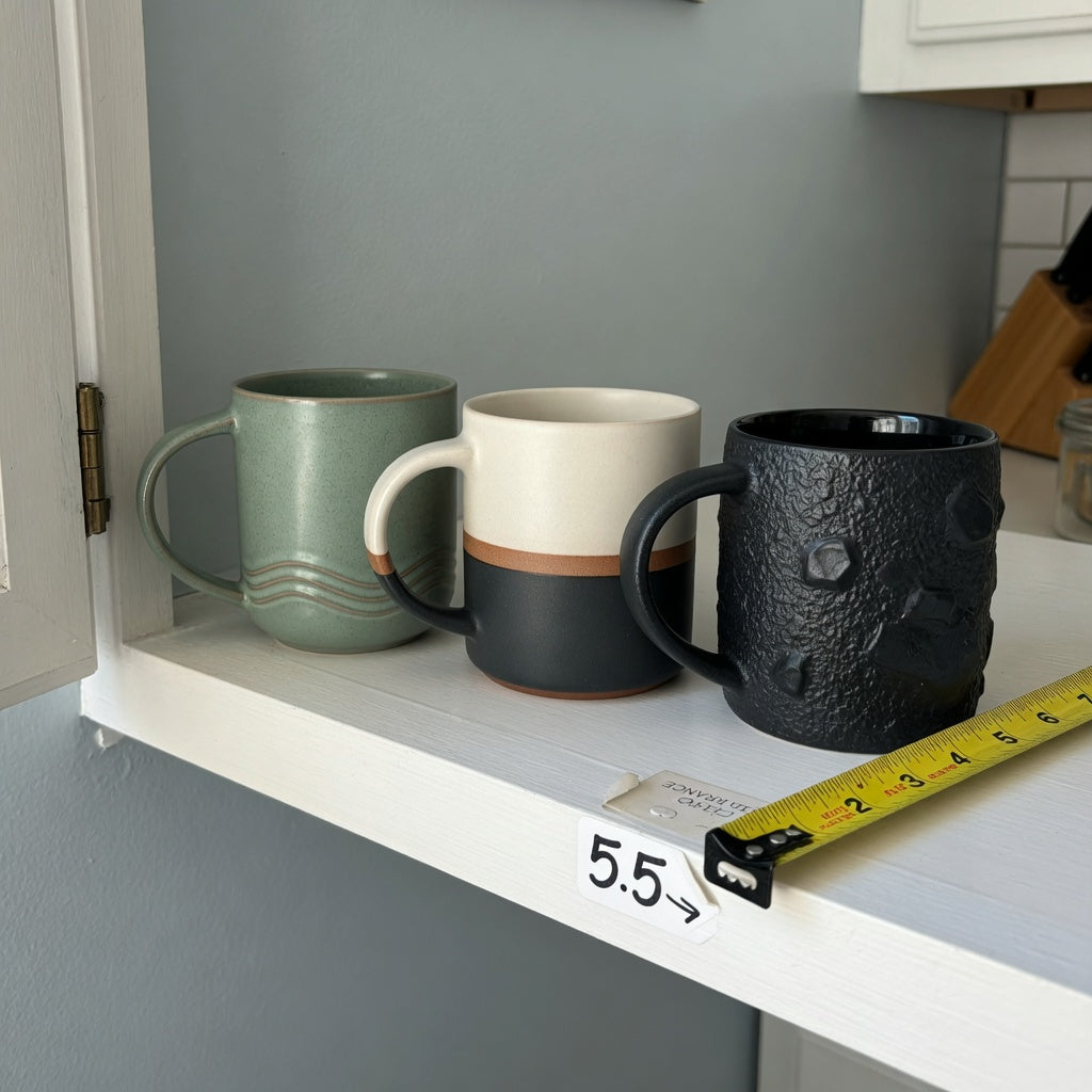 Chai tea mug storage fit guide showing three mug capacities and handle clearance on a kitchen cabinet shelf