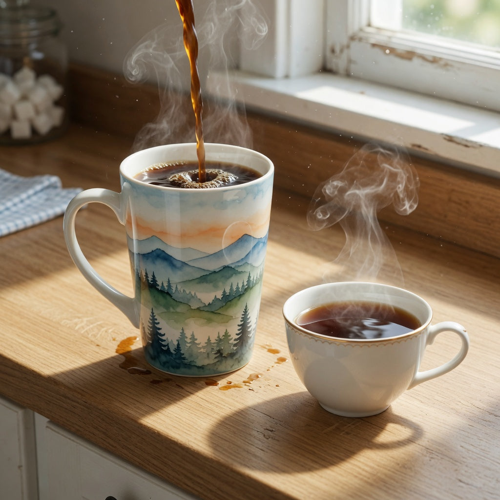 Choosing landscape tall coffee mug vs tea comparison showing wide shape tall height and size difference