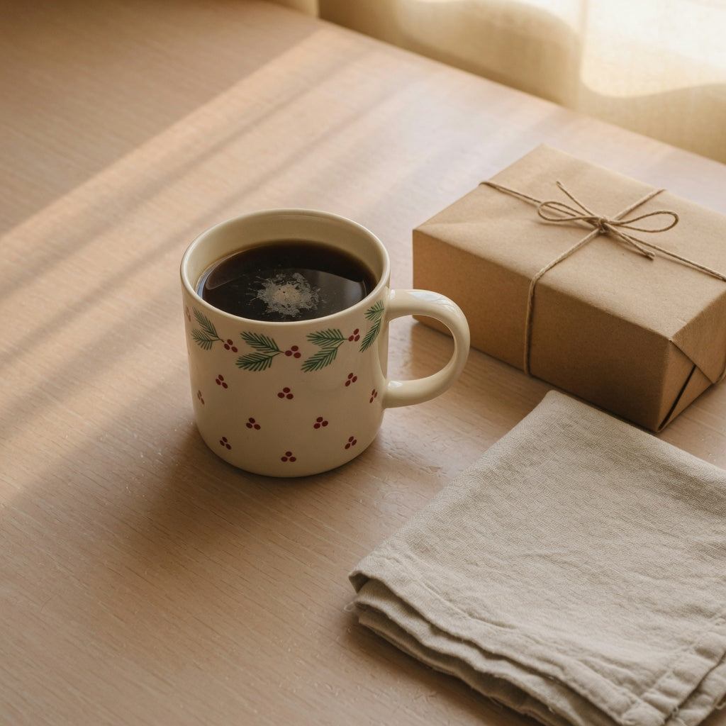A christmas ceramic coffee mug gift filled with coffee beside a kraft box on a kitchen counter
