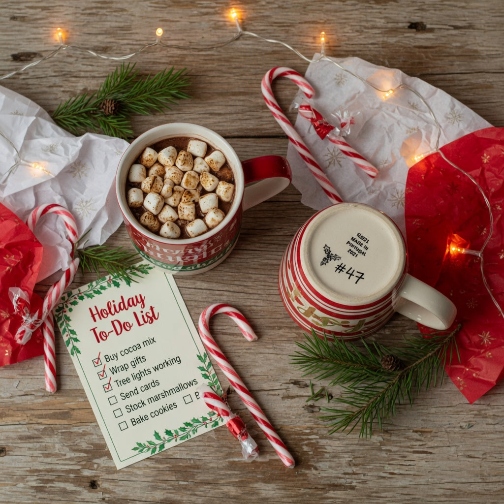 Christmas coffee mug checklist flat-lay with holiday mugs, cocoa toppings, and a printed buying checklist on a wooden table
