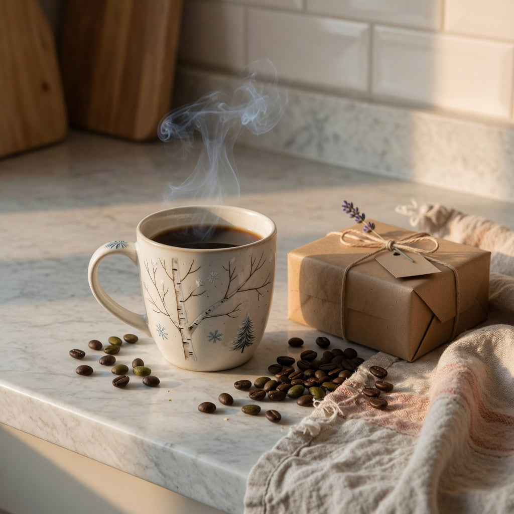 A christmas coffee mug gift for coffee lovers on a kitchen counter beside coffee beans and a small gift box