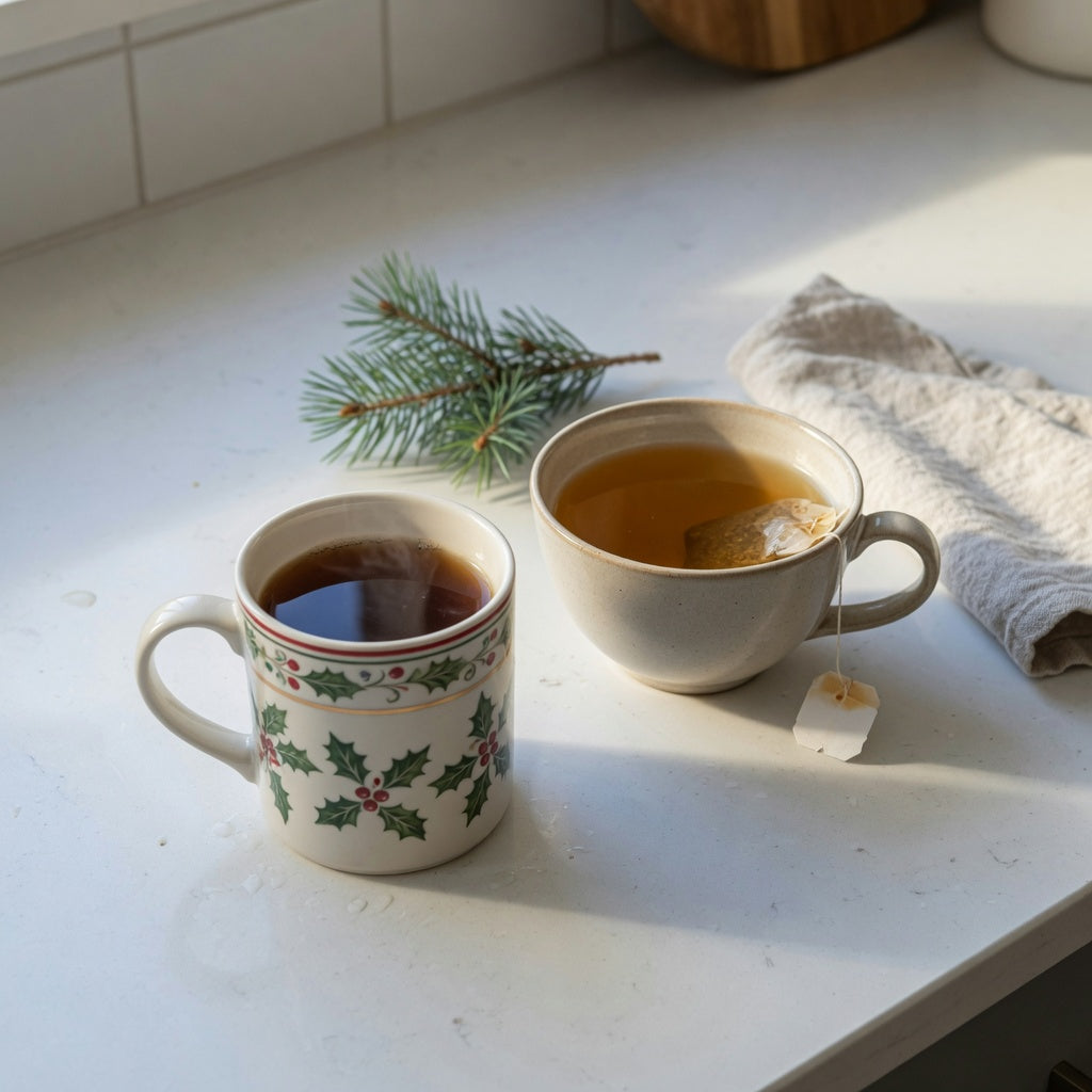 Side-by-side christmas coffee mug vs tea mug comparison on a holiday kitchen counter