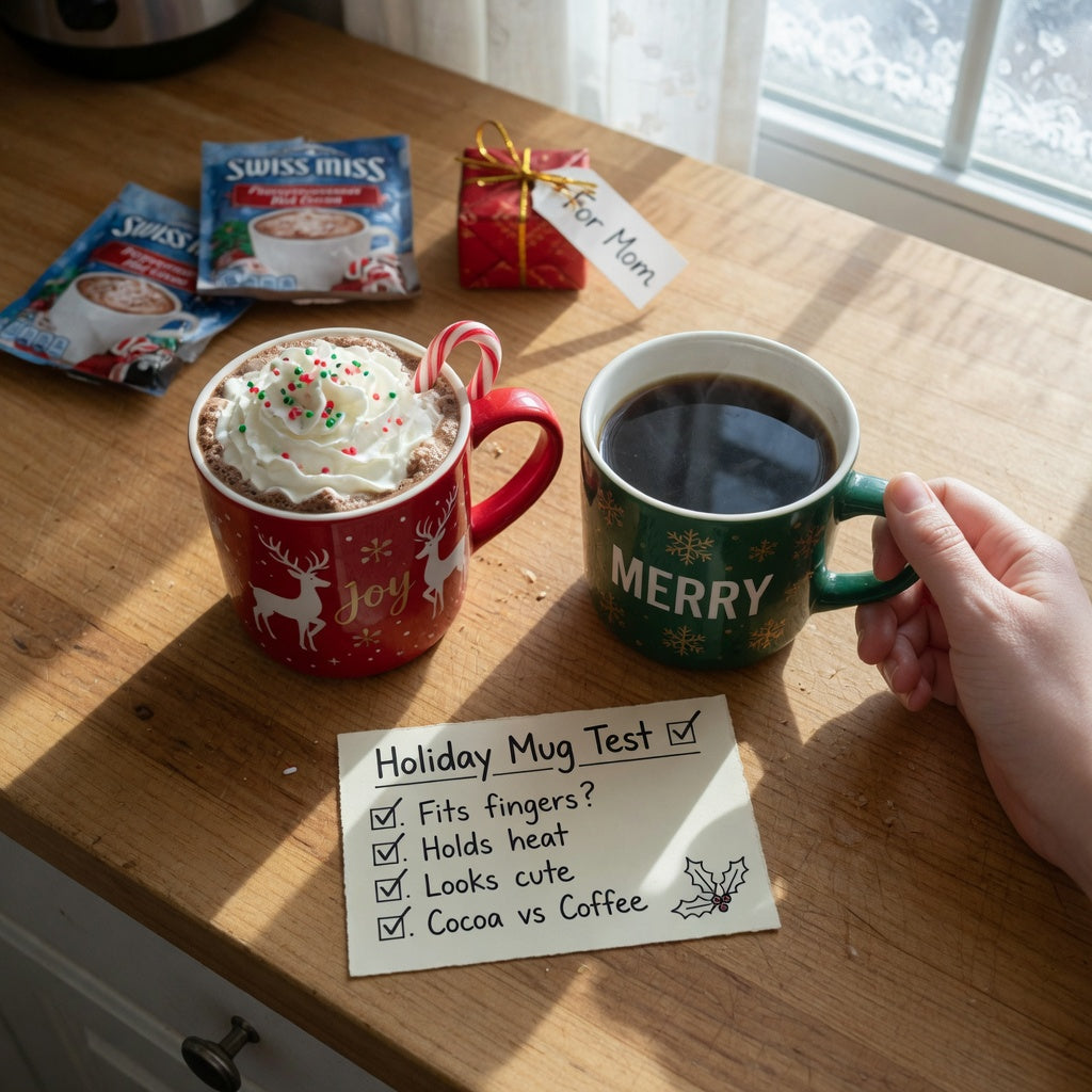 Two Christmas mugs on a kitchen counter beside a handwritten christmas mug checklist for gifts card, one with whipped-cream cocoa and one with black coffee
