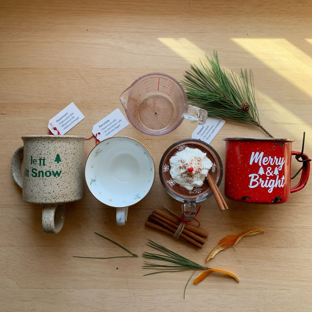 Christmas mug comparison of ceramic, stoneware, glass, and enamel holiday mugs side by side on a kitchen counter