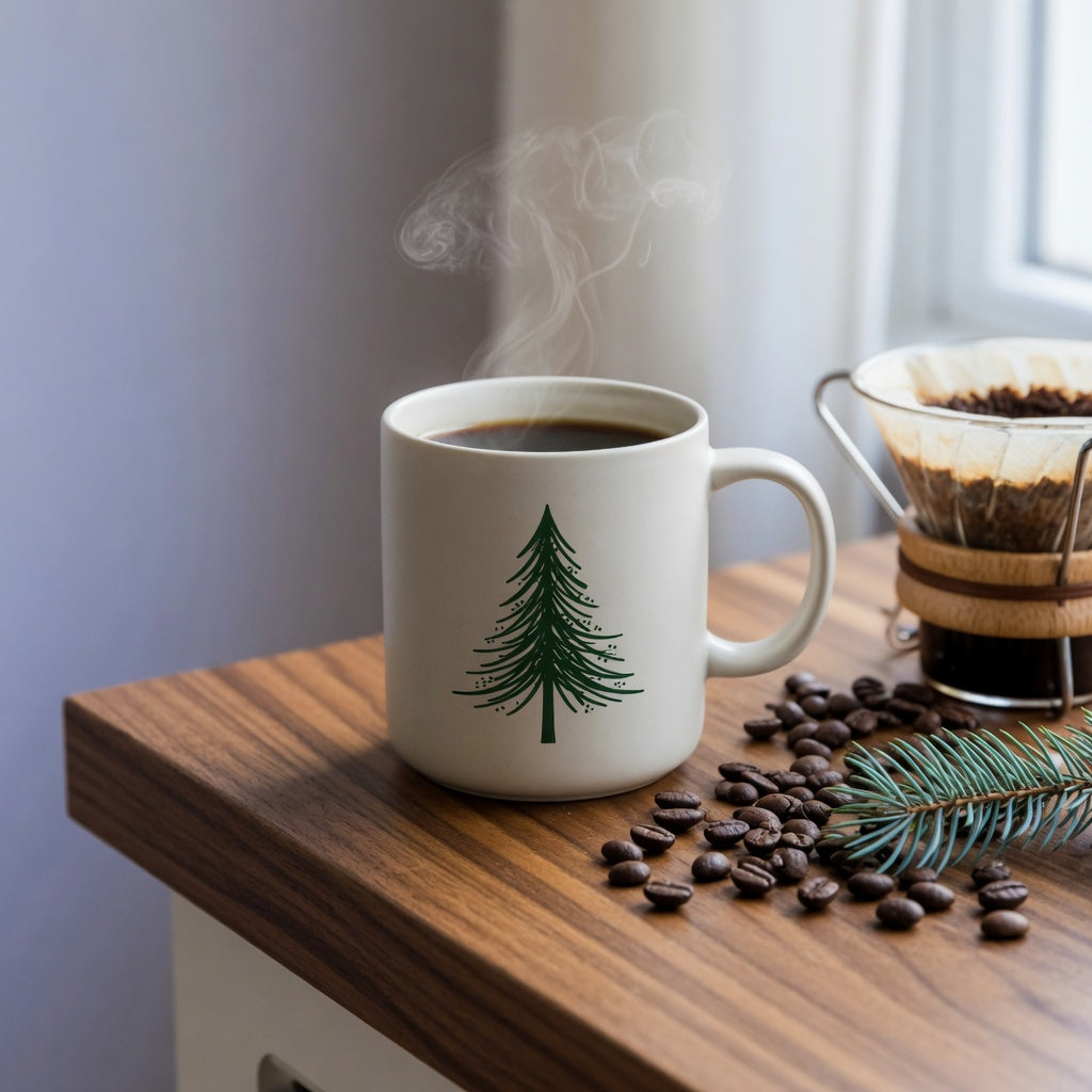 Ceramic christmas mug for coffee lovers home decor with an evergreen print on a kitchen counter beside coffee beans and a sprig