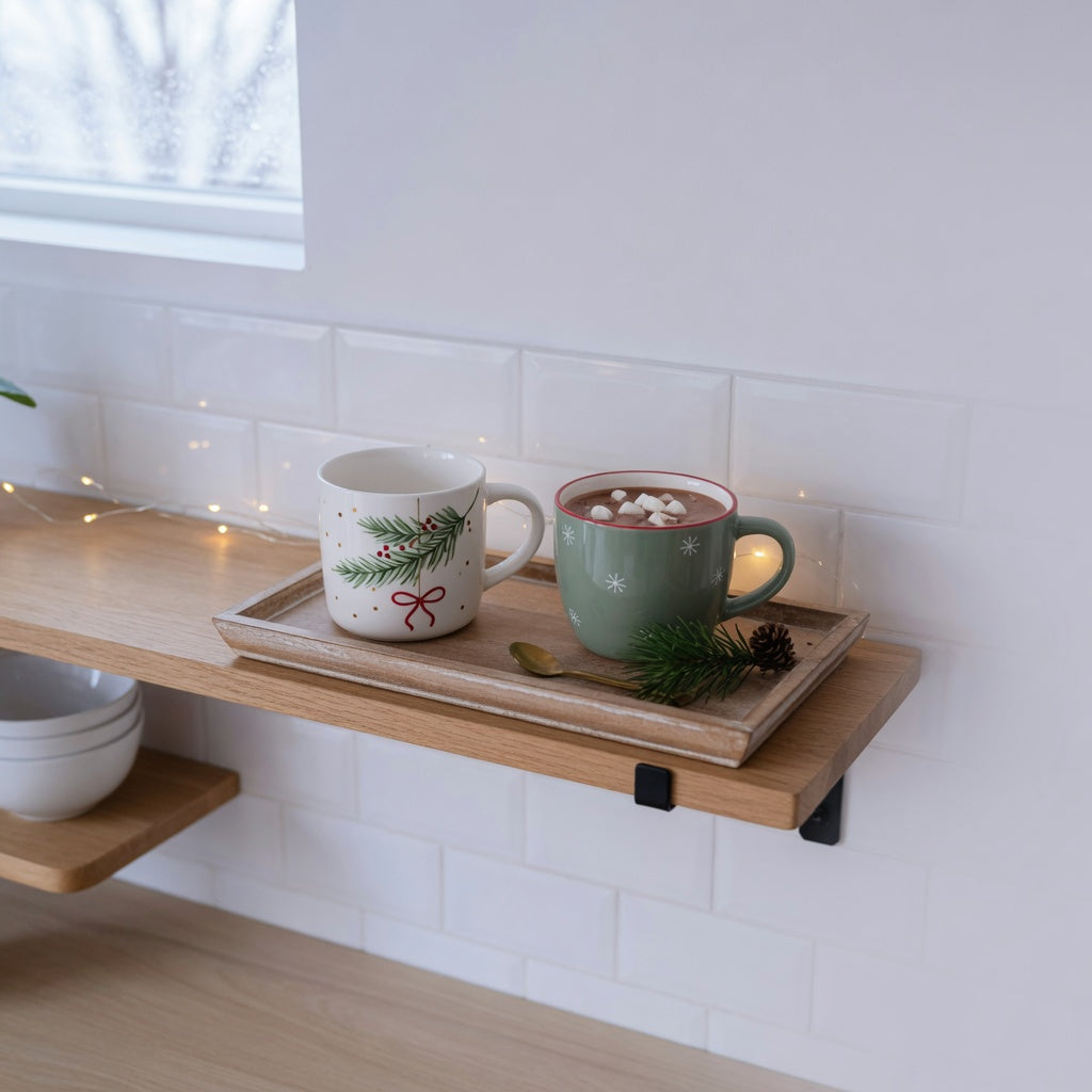 Christmas mug home decor with ceramic holiday mugs on an open kitchen shelf and hot cocoa tray