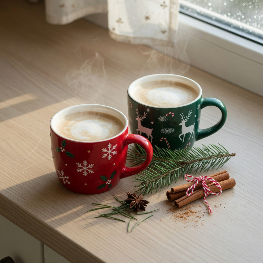 Two christmas mugs for coffee lovers with festive holiday prints filled with steaming coffee on a wooden kitchen counter