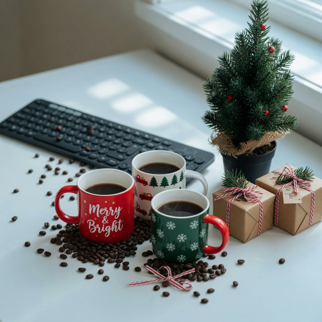 Christmas mugs for office gifts arranged on a desk with gift boxes, a small evergreen and coffee beans