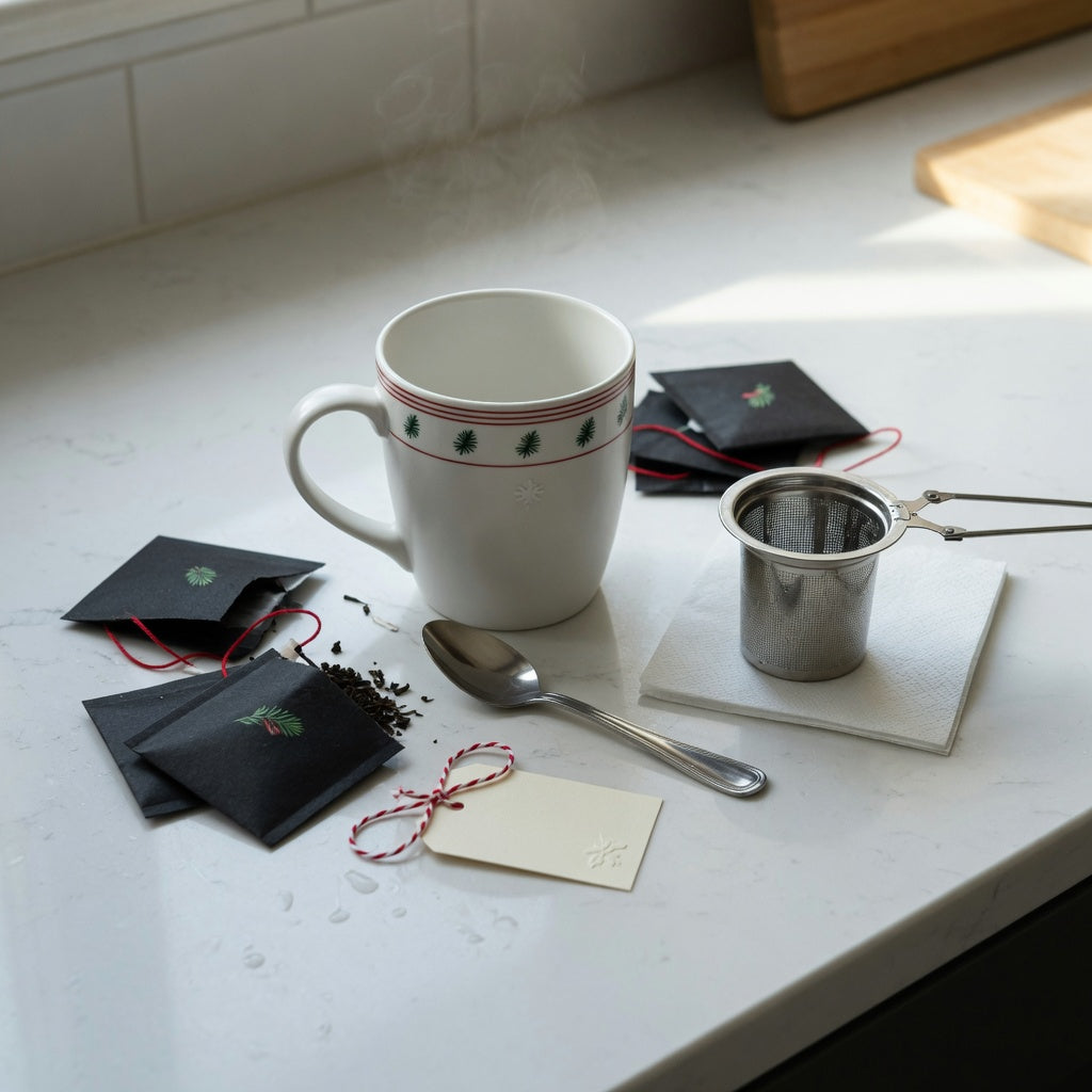 Christmas tea mug gift ideas with tea sachets, an infuser, and a festive mug on a kitchen counter