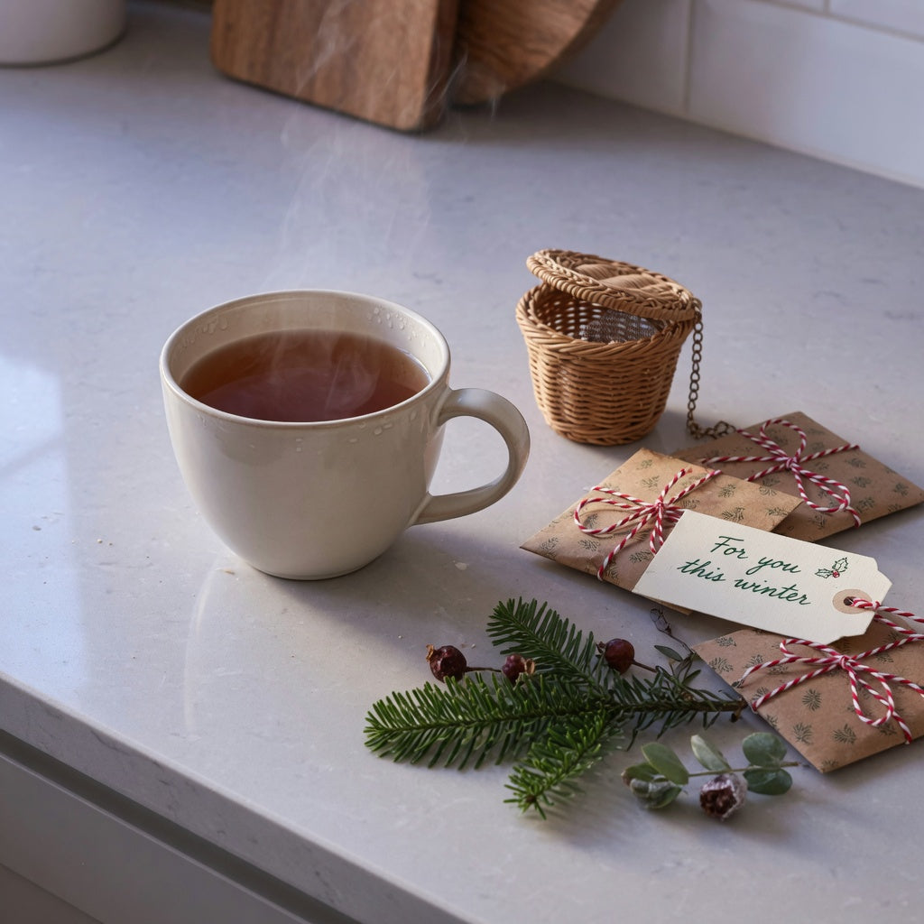 christmas tea mug gifts with a festive mug, tea sachets, infuser, and holiday wrapping on a kitchen counter