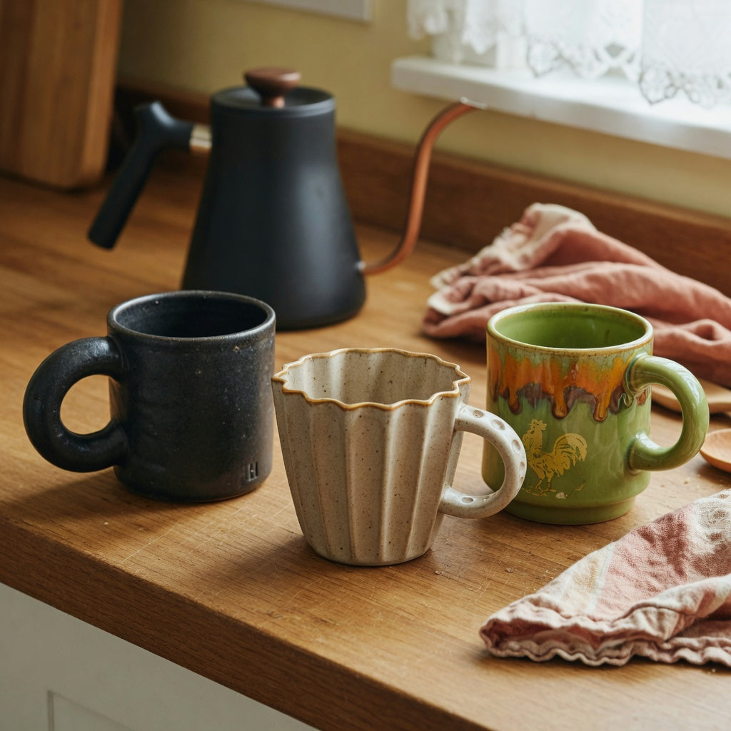 Chunky mugs with thick stoneware walls and wide sculptural handles lined up on a wooden kitchen counter beside a pour-over kettle.