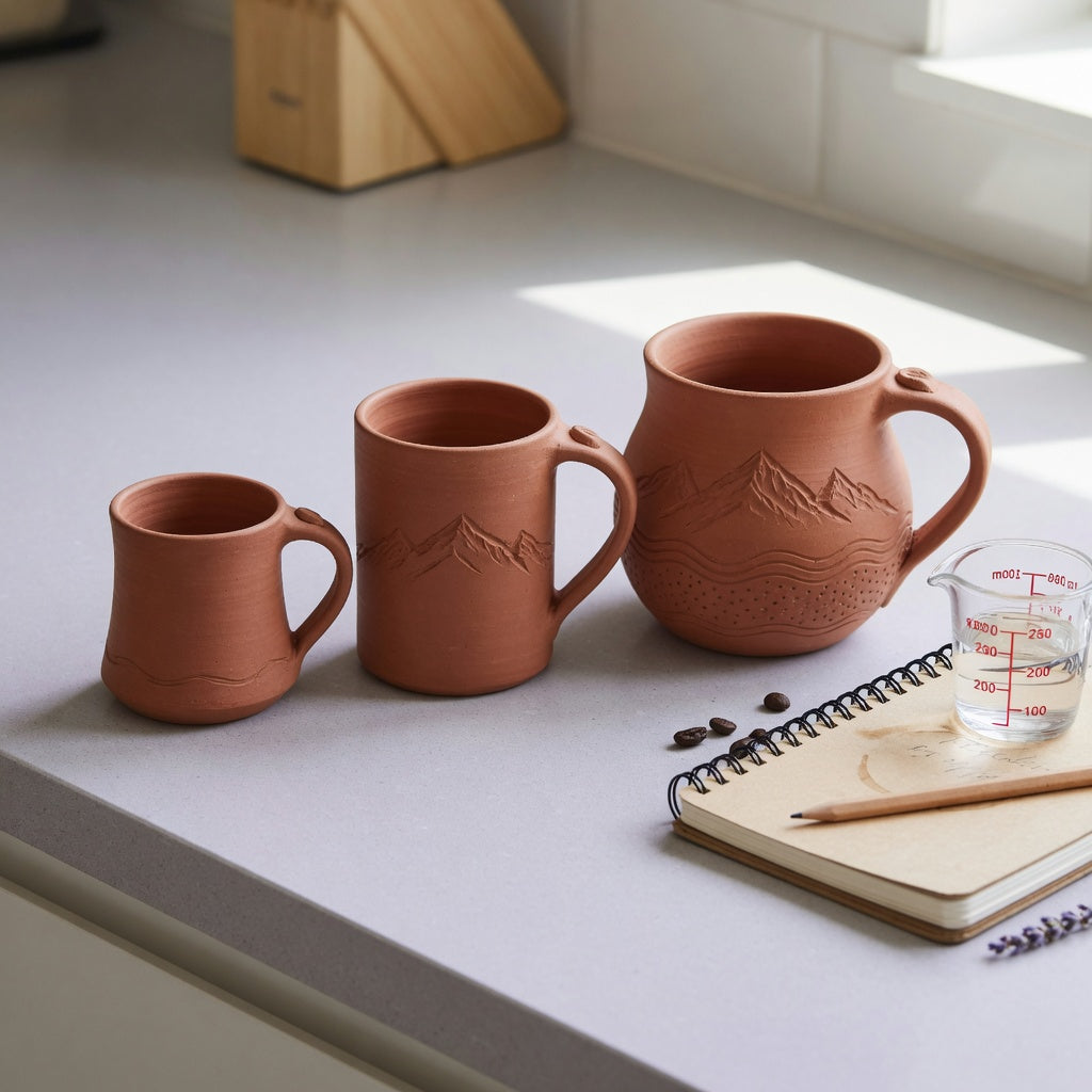 Side-by-side clay pottery coffee mugs current product facts comparison of 200 ml, 270 ml, and 350 ml shapes