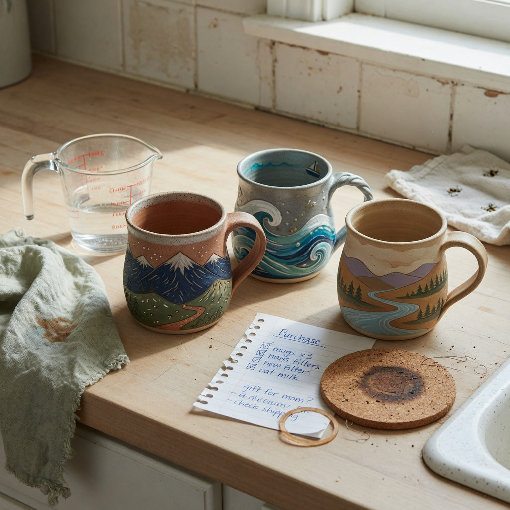 Clay pottery coffee mugs first time buyer practical purchase checklist beside mountain, sea, and landscape mug designs