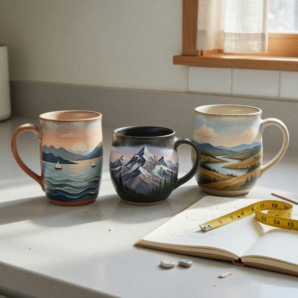 A clay pottery coffee mugs gift choice product shortlist guide comparing Mountain Sea, Great Mountain, and Landscape mugs on a kitchen counter