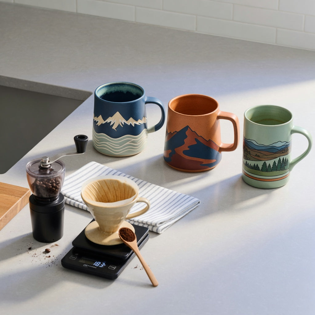 Clay pottery coffee mugs home coffee station product shortlist guide showing Mountain Sea, Great Mountain, and Landscape mugs beside a dripper