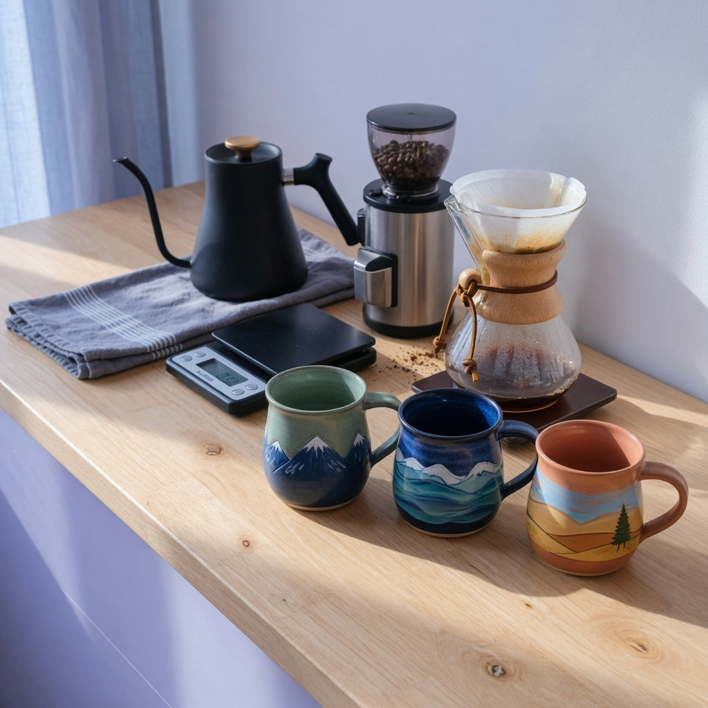 clay pottery coffee mugs home coffee station practical purchase checklist beside a pour-over brewer, kettle, grinder, and scale