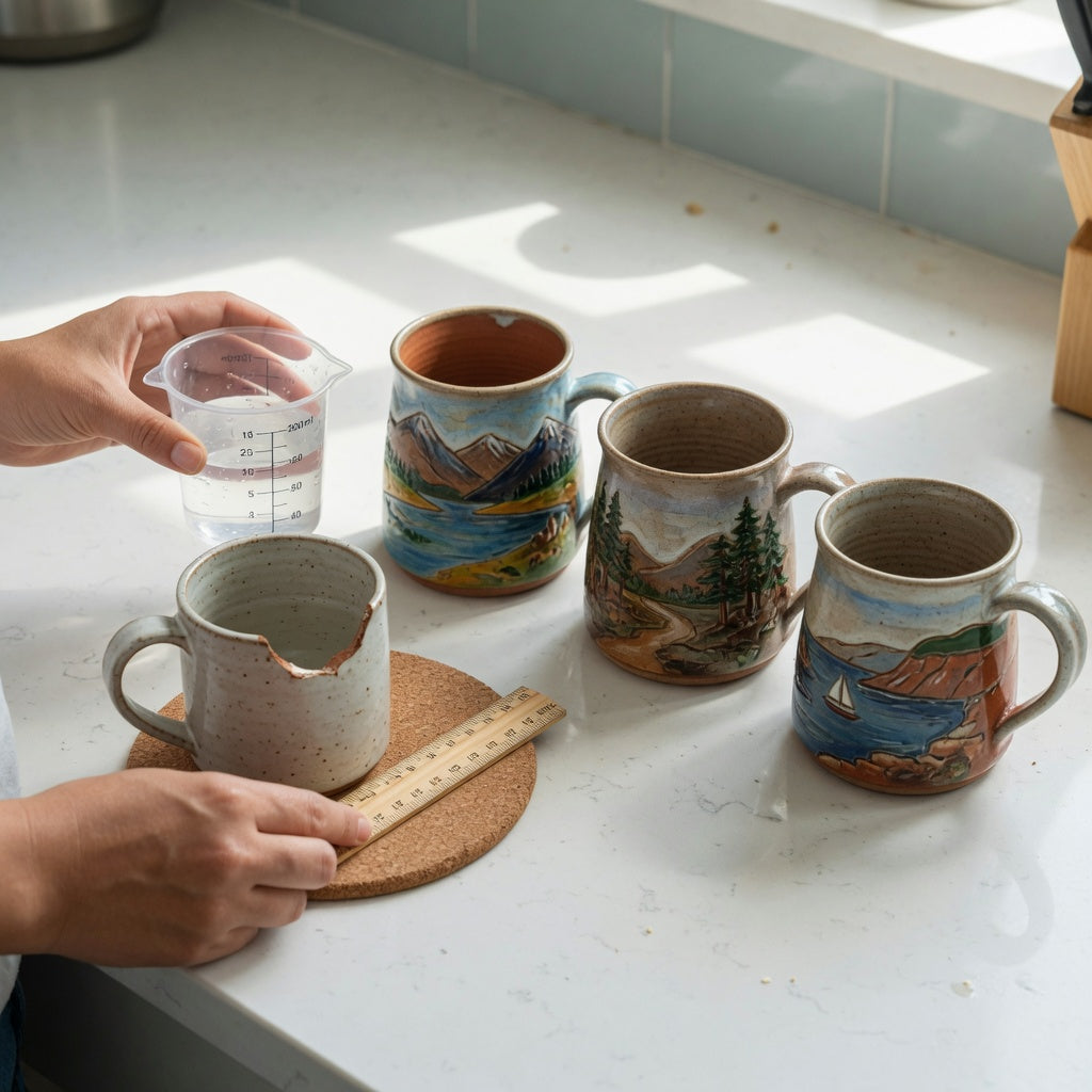 A clay pottery coffee mugs replacement purchase practical purchase checklist on a kitchen counter with a chipped mug, measuring cup, ruler, and scenic replacements