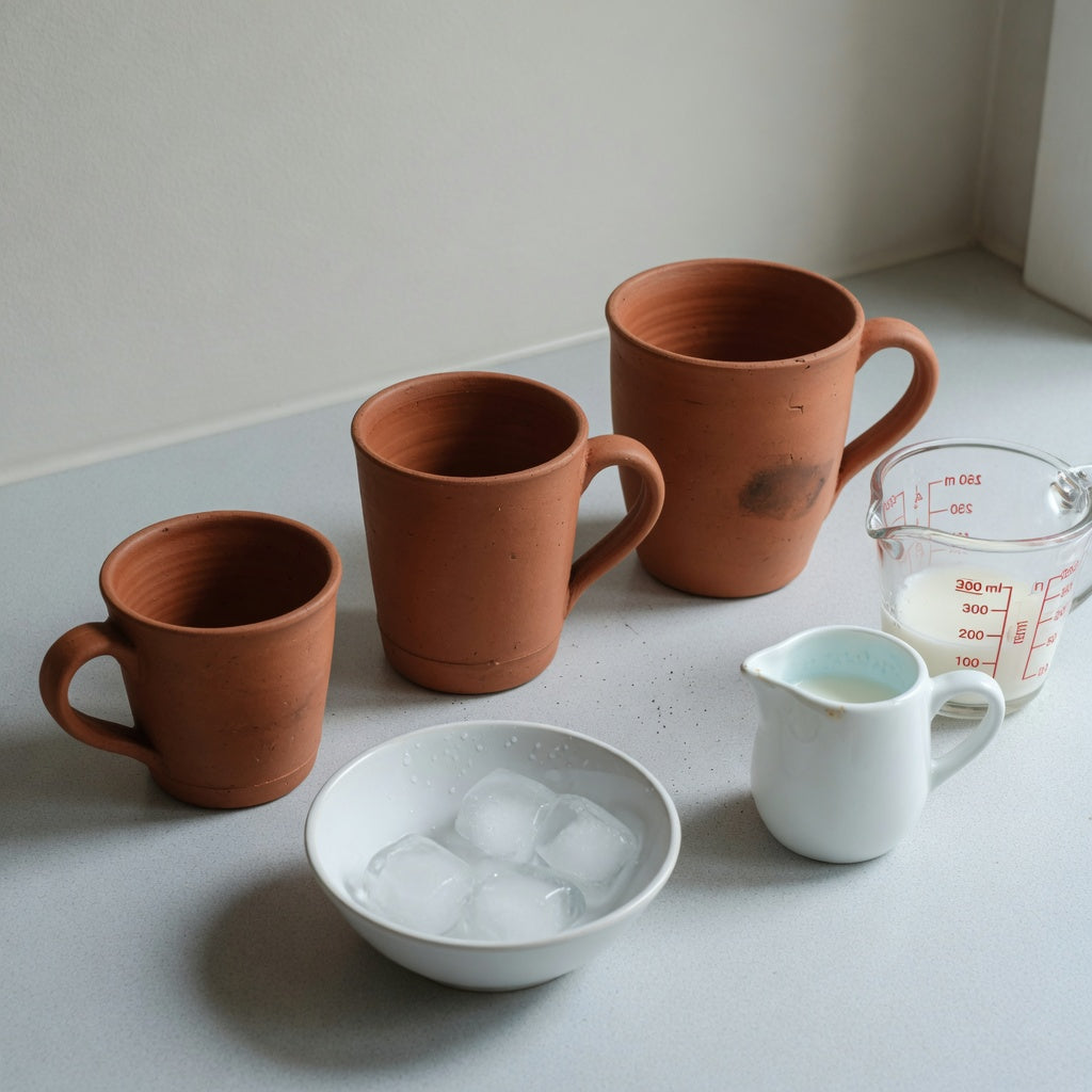 Clay pottery coffee mugs size decision guide comparing 200 ml, 270 ml, and 350 ml mugs beside a measuring jug